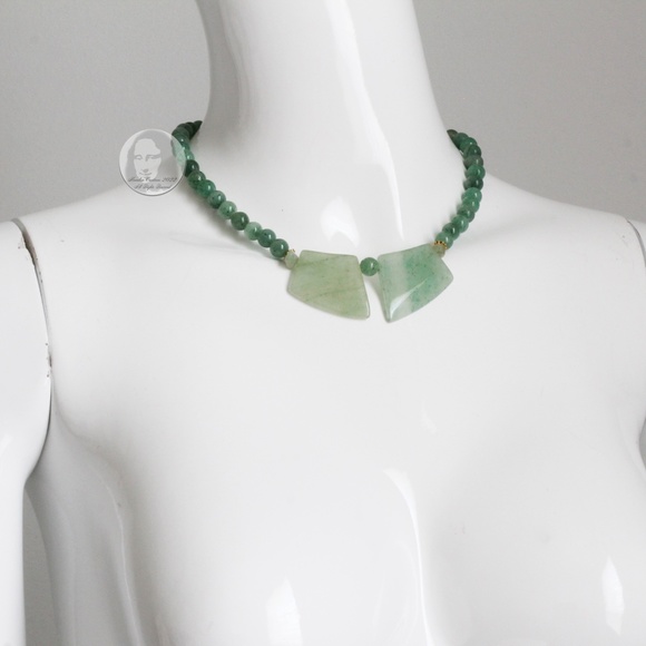 Vintage Necklace Choker Green Jade Stones Abstract & Round Artisan Handmade 80s - Picture 2 of 10